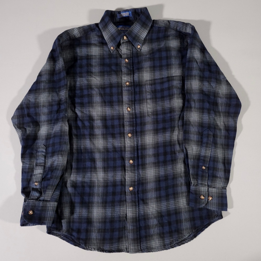 Pendleton Button Down Shirt Mens M Blue Plaid Worsted Wool Long Sleeve Sir Pendl